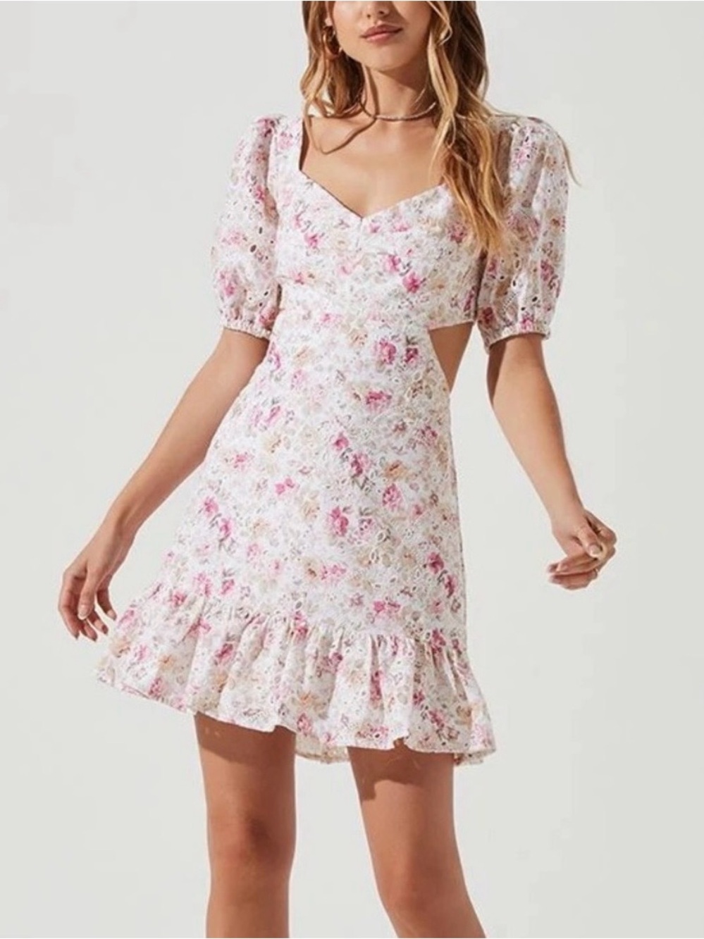 Astr White Floral Puff-Sleeve Cutout Mini Dress with Pink Accents